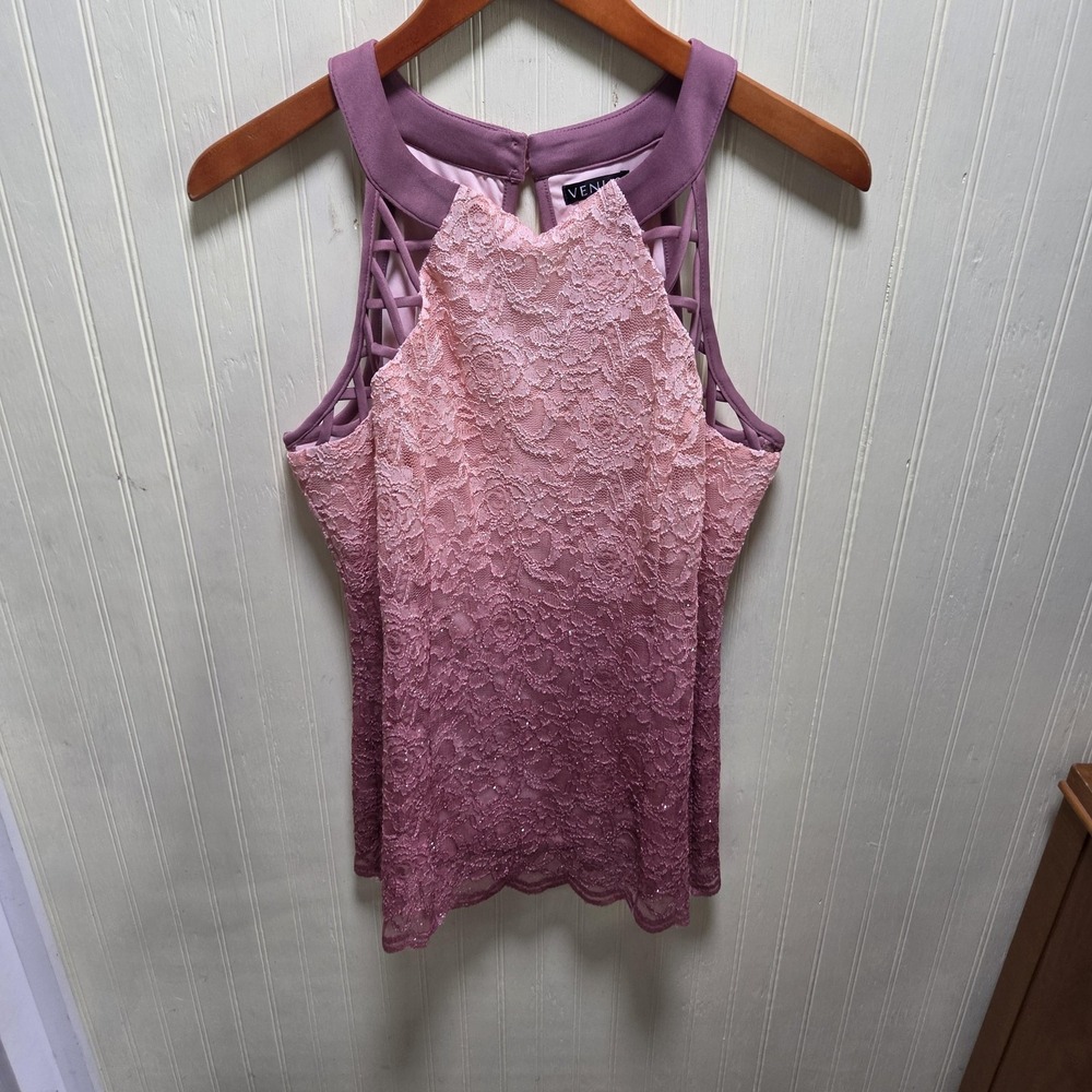 Venus Blouse Womens XL Pink Halter Sleeveless Floral Lace Ombre Party Top